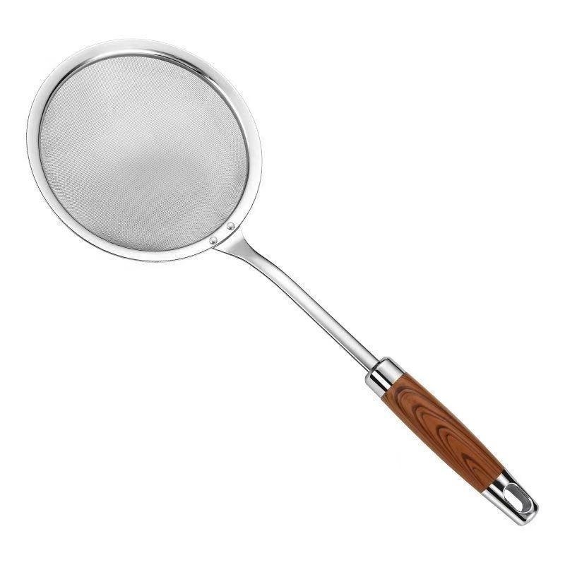 Rozsdamentes acélból készült szűrőkanál fa nyelűvel habképződéshez, sütéshez és olaj elválasztásához; szita szója tejéhez és liszthez