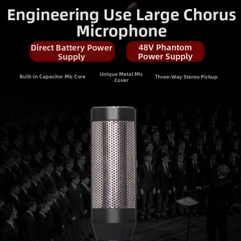 Káblový kondenzátorový mikrofón pre zbor, určený pre školské vystúpenia a hostí na pódiu, balený v hliníkovej škatuľke, s dlhým dosahom snímania.