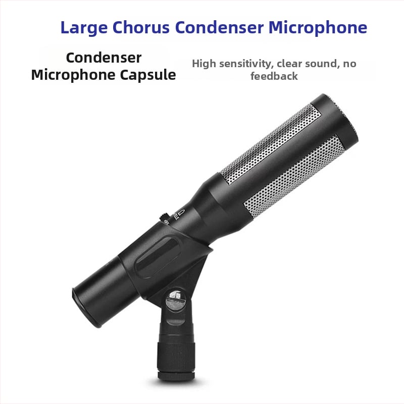 Káblový kondenzátorový mikrofón pre zbor, určený pre školské vystúpenia a hostí na pódiu, balený v hliníkovej škatuľke, s dlhým dosahom snímania.