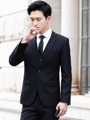 Muško odijelo u korejskom stilu, uski kroj, prednje zatvaranje s dva gumba, džepovi s patchama, poliester-mješavina