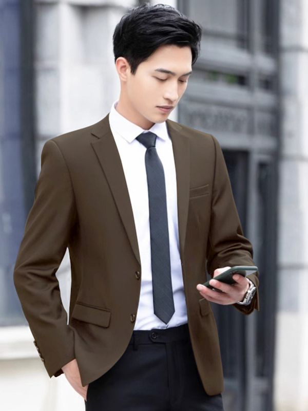 Muško odijelo u korejskom stilu, uski kroj, prednje zatvaranje s dva gumba, džepovi s patchama, poliester-mješavina