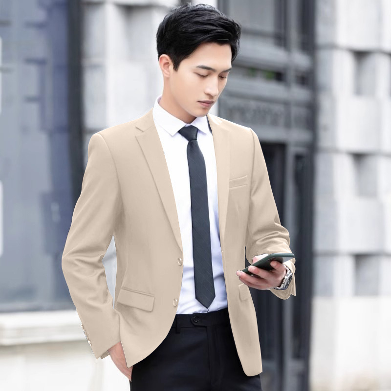 Muško odijelo u korejskom stilu, uski kroj, prednje zatvaranje s dva gumba, džepovi s patchama, poliester-mješavina