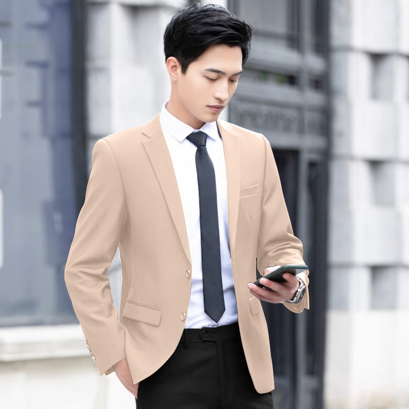 Muško odijelo u korejskom stilu, uski kroj, prednje zatvaranje s dva gumba, džepovi s patchama, poliester-mješavina