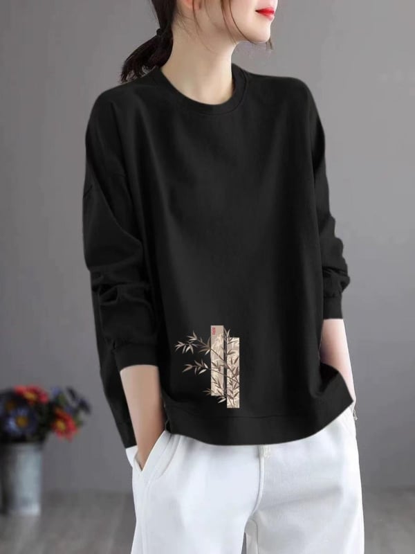 Tricou femei cu mâneci lungi din Modal, imprimeu text, croială lejeră, gât rotund, lungime normală