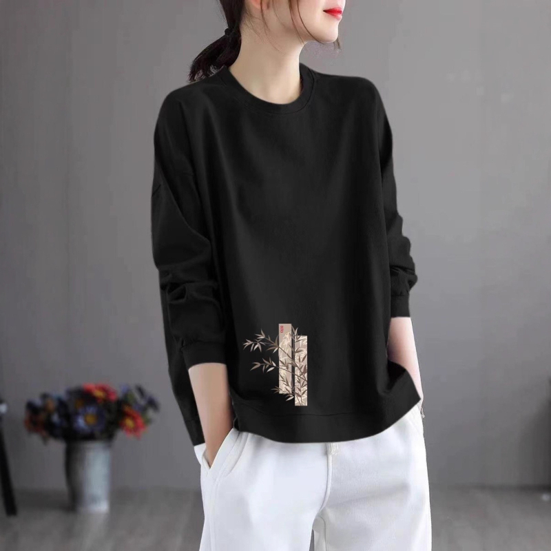 Tricou femei cu mâneci lungi din Modal, imprimeu text, croială lejeră, gât rotund, lungime normală