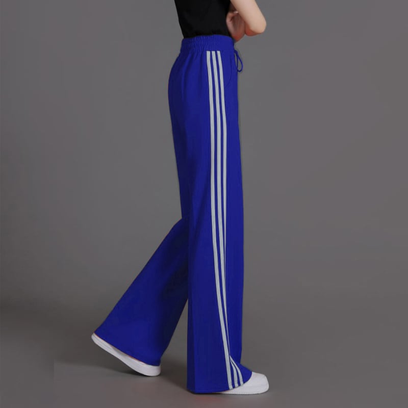 Női magas derekú, enyhén szélesedő sportnadrág három csíkkal, viszkóz szálas anyagból