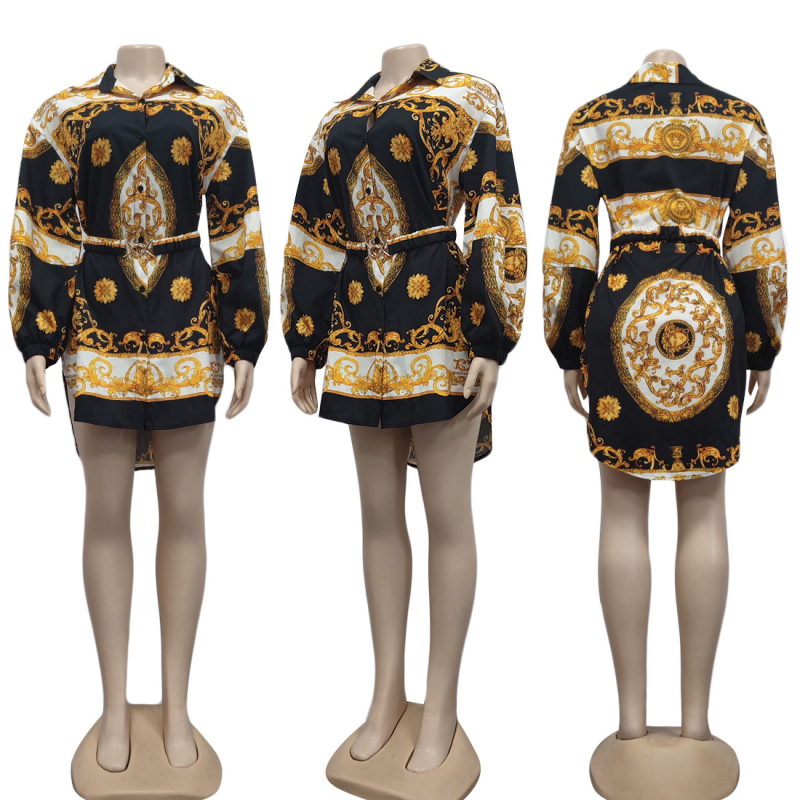 Rochie-bluză pentru femei cu curea, material chenille, imprimeu digital, croială slim, mâneci lungi