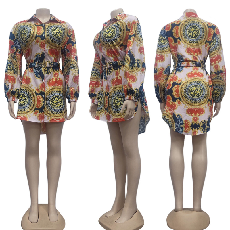 Rochie-bluză pentru femei cu curea, material chenille, imprimeu digital, croială slim, mâneci lungi