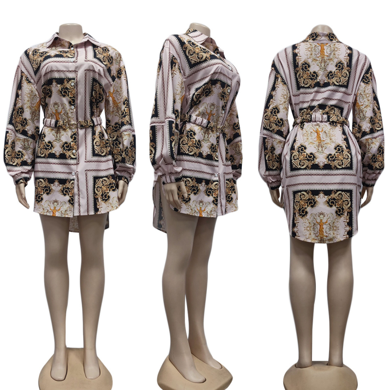 Rochie-bluză pentru femei cu curea, material chenille, imprimeu digital, croială slim, mâneci lungi