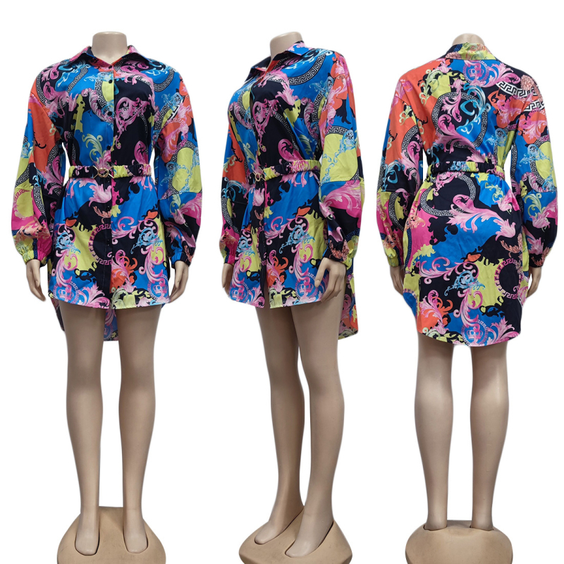 Rochie-bluză pentru femei cu curea, material chenille, imprimeu digital, croială slim, mâneci lungi