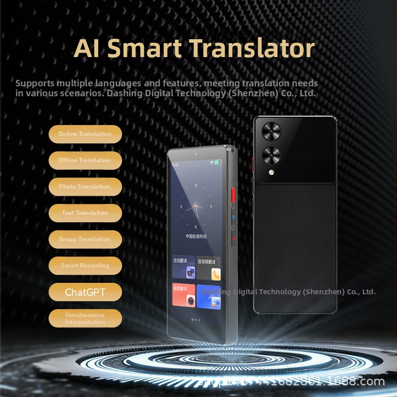 Audiovizuálny prekladač pre globálnu komunikáciu s offline prekladom a simultánnym tlmočením, prekladom fotografií a nahrávaním prekladu — Android, Bluetooth, dosah 10 m, ovládanie tlačidlami a dotykovým displejom, kovové puzdro