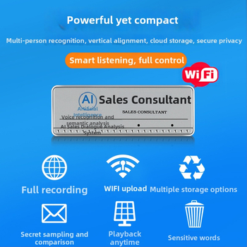 WiFi inteligentný odznak, štíhly a kompakt, s dlhým neprerušovaným záznamom — umelá inteligencia, Windows OS, Bluetooth, pripojenie WiFi k routeru, dosah 1,5–4 m; funkcie: sémantická analýza, spracovanie reči, rozdelenie rolí.