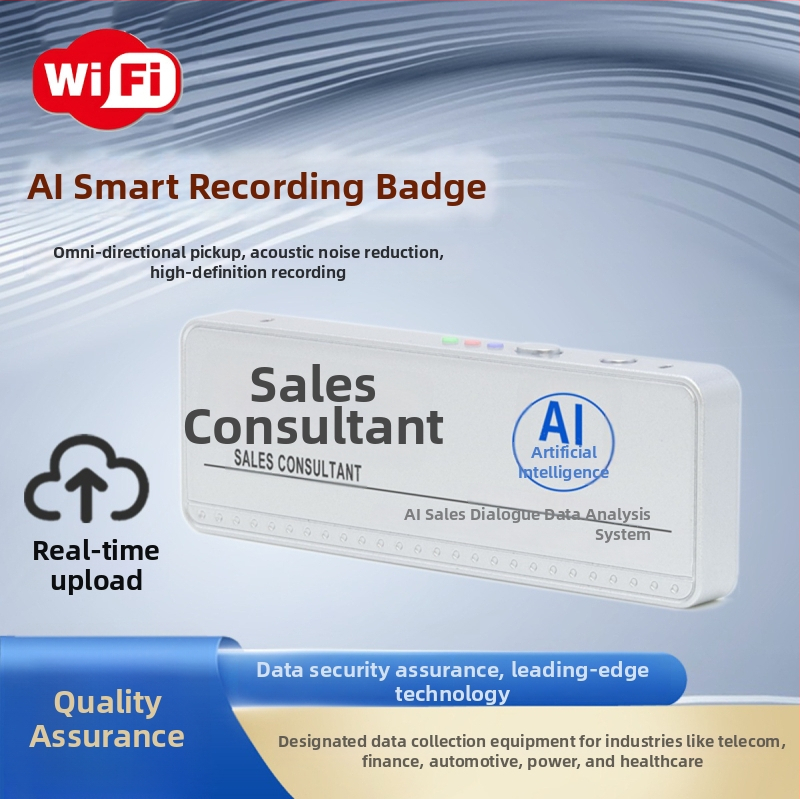 WiFi inteligentný odznak, štíhly a kompakt, s dlhým neprerušovaným záznamom — umelá inteligencia, Windows OS, Bluetooth, pripojenie WiFi k routeru, dosah 1,5–4 m; funkcie: sémantická analýza, spracovanie reči, rozdelenie rolí.