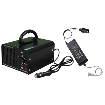 Generator ozon auto pentru interior – elimină mirosuri și formaldehidă, dezinfectează; funcționare silențioasă sub 36 dB, debit de aer 151–300 m3/h; alimentare prin brichetă, control mecanic; potrivit pentru autovehicule până la 10 m²