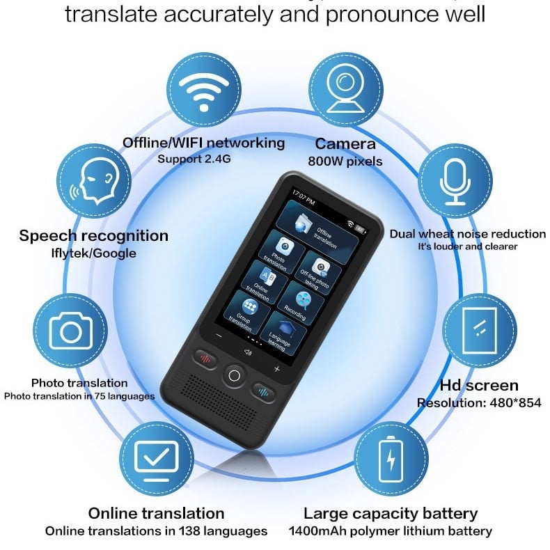 T18 offline uređaj za prijevod s Bluetoothom, domet 10 m, prijevod fotografija, težina 200 g