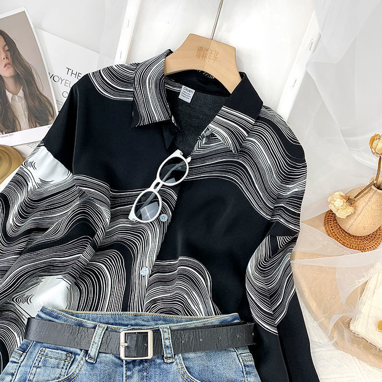 Cămașă cu imprimeu leopard în stil cerneală, poliester 90–95%, guler POLO, croială lejeră, nasturi pe un singur rând, Primăvara 2024