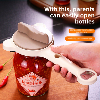 Viacúčelový otvárač na konzervy a fľaše — plastové telo, otvorí skrutkovacie uzávery aj sklenené fľaše