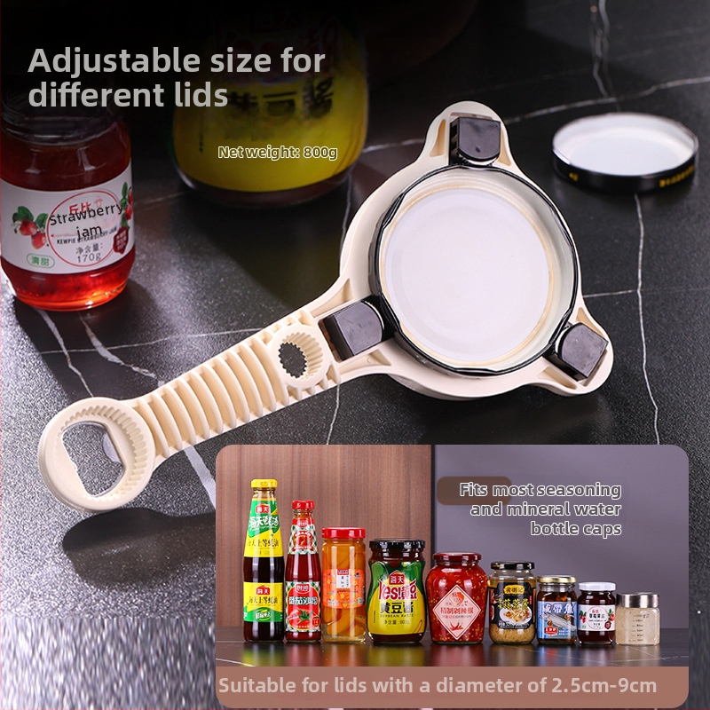 Viacúčelový otvárač na konzervy a fľaše — plastové telo, otvorí skrutkovacie uzávery aj sklenené fľaše