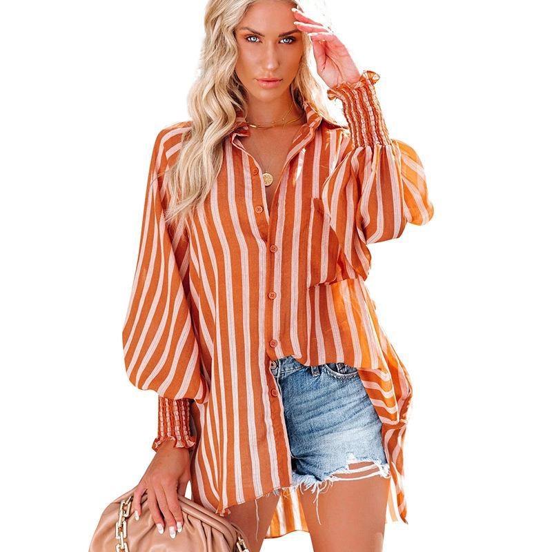 Cămașă de protecție solară pentru plajă, în dungI, croi liber, mâneci lungi, poliester