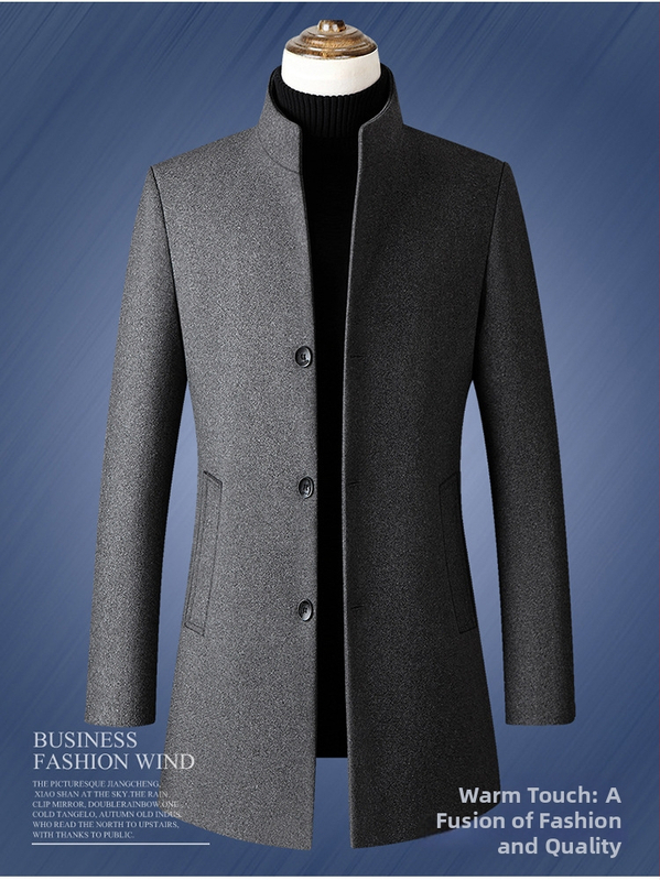 Palton de lână pentru bărbați, guler înalt, nasturi pe un rând, croială ajustată