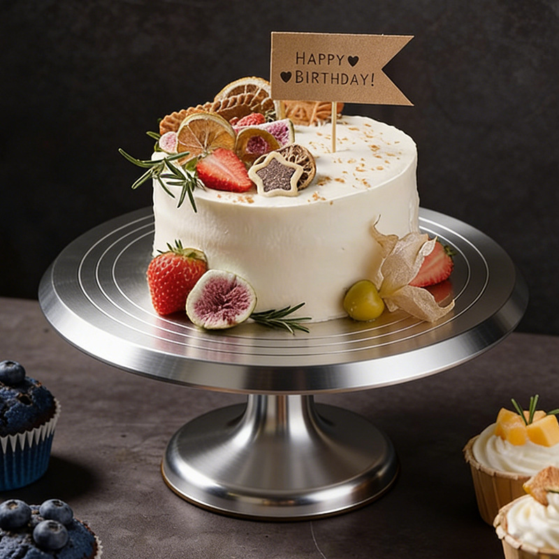 Алуминиева въртяща се платформа за украса на торти, с противохлъзгащ пръстен, хранителен клас, ръчна работа
