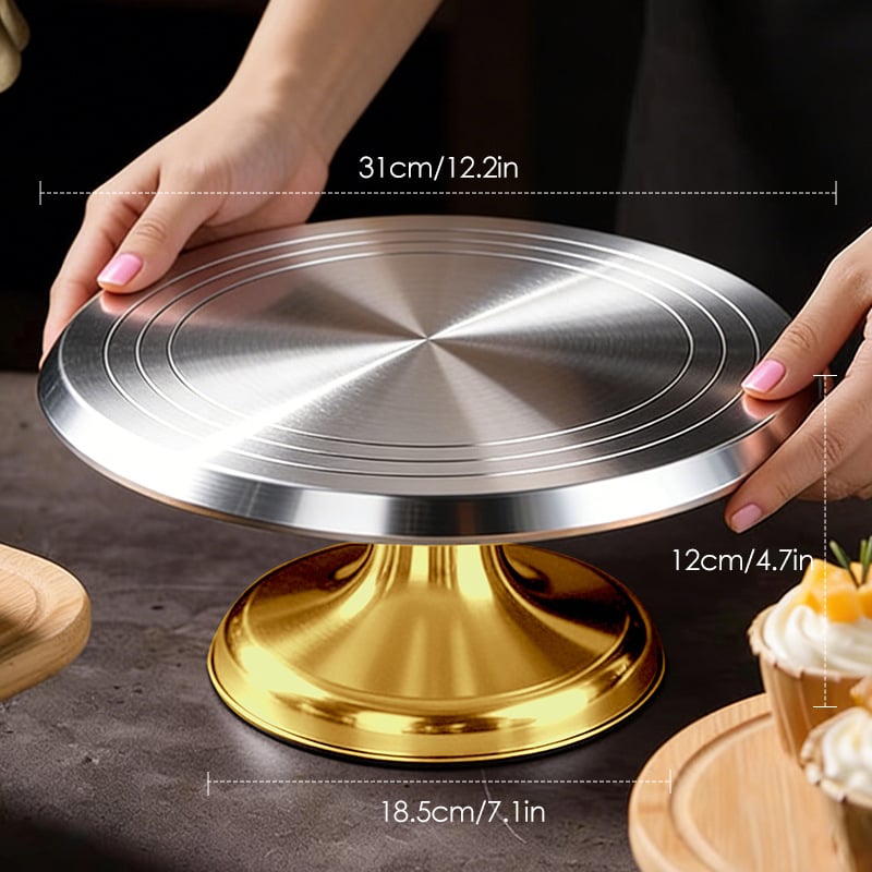 Алуминиева въртяща се платформа за украса на торти, с противохлъзгащ пръстен, хранителен клас, ръчна работа