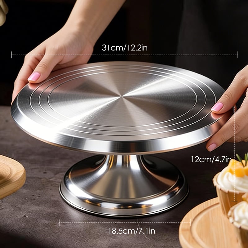 Алуминиева въртяща се платформа за украса на торти, с противохлъзгащ пръстен, хранителен клас, ръчна работа