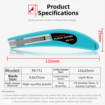 Hook knife FD-15B, 9,5 mm penge szélesség, műanyag test, toló-rúd típusú pengecsere, 1 penge tárolása