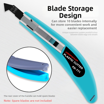 Hook knife FD-15B, 9,5 mm penge szélesség, műanyag test, toló-rúd típusú pengecsere, 1 penge tárolása