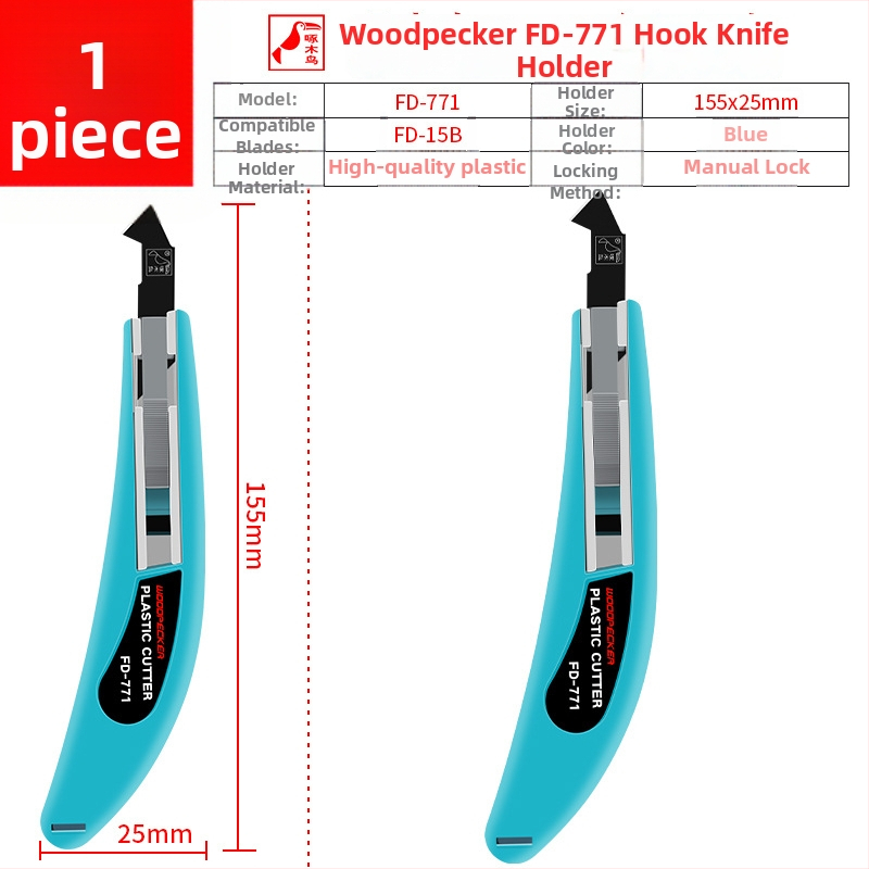 Hook knife FD-15B, 9,5 mm penge szélesség, műanyag test, toló-rúd típusú pengecsere, 1 penge tárolása