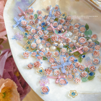 Аксесоар за нокти със флорален релеф, панделка и листни мотиви | смола с брокат, серия Принцеса