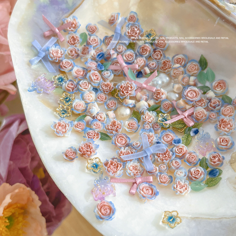 Аксесоар за нокти със флорален релеф, панделка и листни мотиви | смола с брокат, серия Принцеса