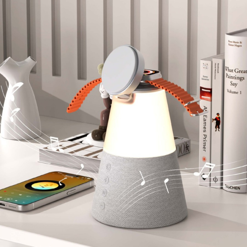 Difuzor Bluetooth cu încărcare wireless magnetică, lampă de noapte - 3 în 1 pentru telefon și ceas; Încărcare duală rapidă; Sunet stereo + lumină moale; Bluetooth 5.3, 2 difuzoare, rază 10 m, baterie încorporată 1000-1200 mAh, 15W
