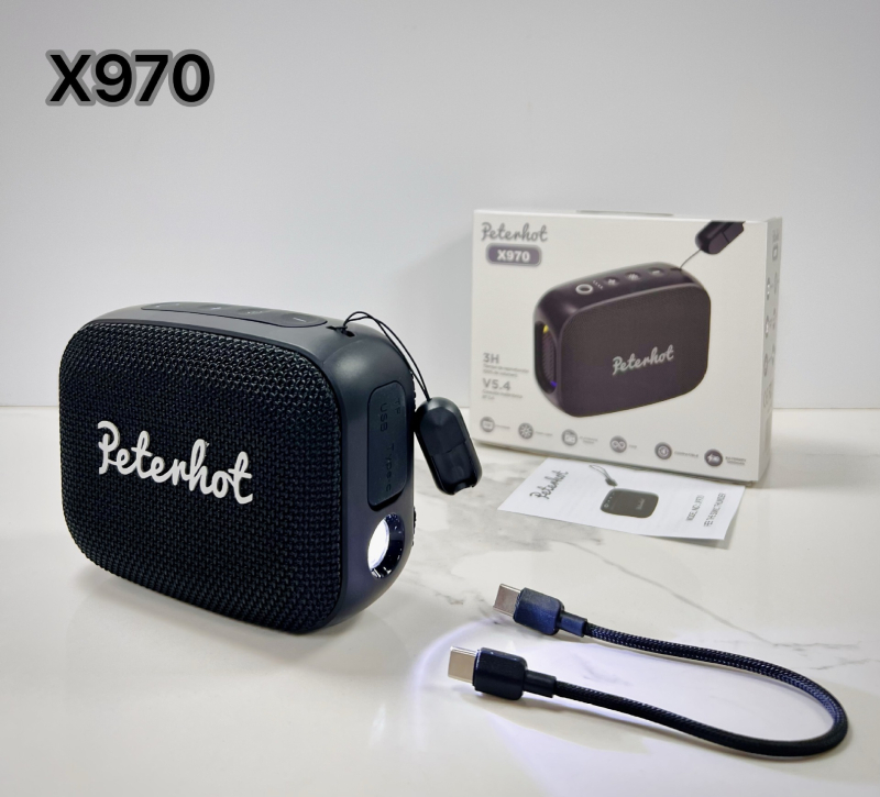 Peterhot X970 Bluetooth hangszóró beépített 6000mAh akkumulátorral, 15W kimenet, IPX4 vízálló, Bluetooth 5.3, 10m hatótávolság