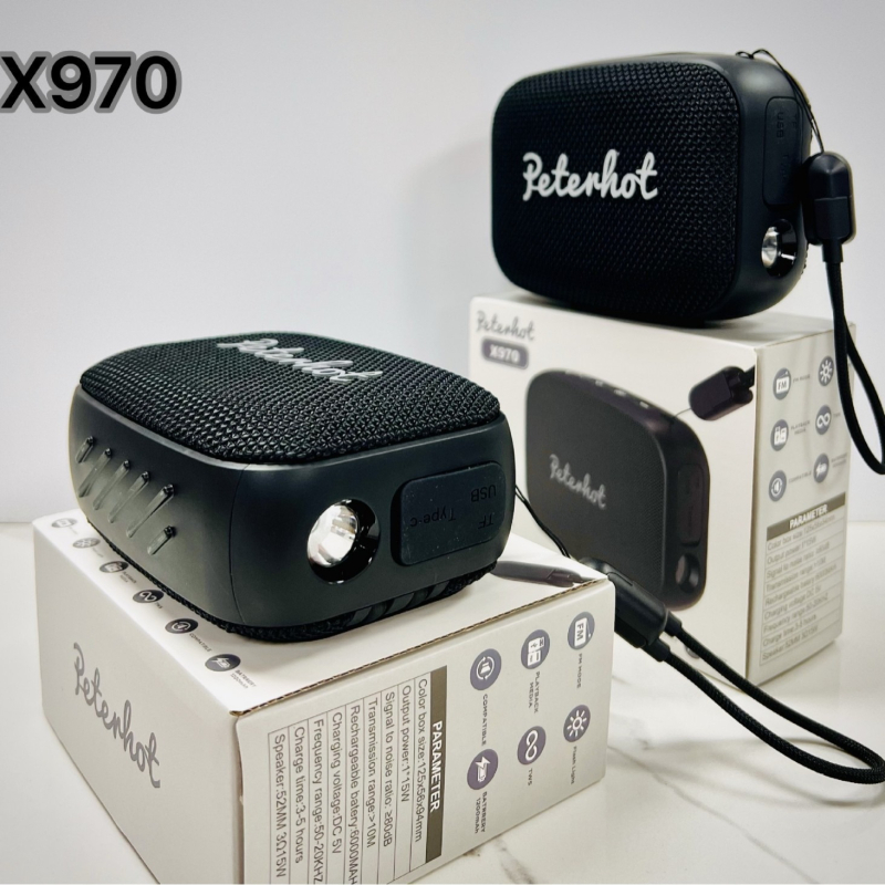 Peterhot X970 Bluetooth hangszóró beépített 6000mAh akkumulátorral, 15W kimenet, IPX4 vízálló, Bluetooth 5.3, 10m hatótávolság