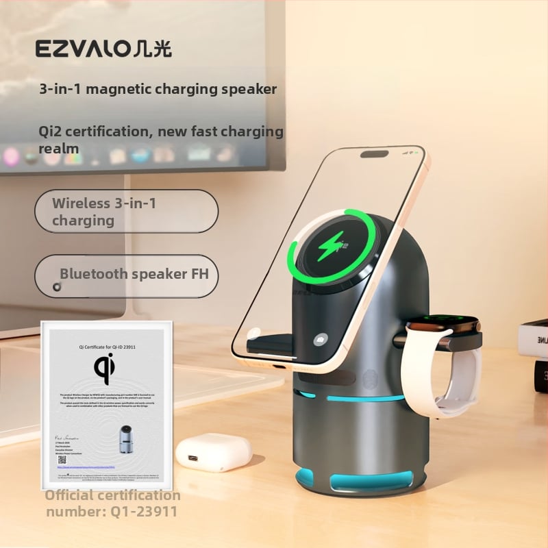 3–v–1 Magnetický bezdrôtový nabíjač | Qi2 certifikovaný | Vstavaná batéria 800–1000mAh | Výstup 15W | Kompatibilné s Apple stolným Bluetooth reproduktorom