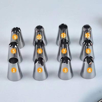 Set de duze de decorare din oțel inoxidabil, 14 piese, cu pungă de decorare și convertor, vârfuri cu formă neregulată pentru deserturi