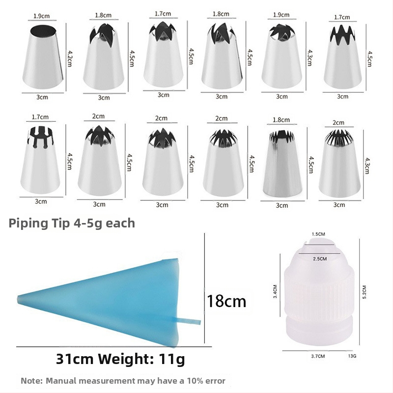 Set de duze de decorare din oțel inoxidabil, 14 piese, cu pungă de decorare și convertor, vârfuri cu formă neregulată pentru deserturi