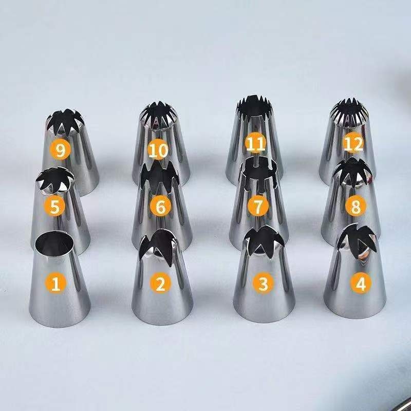 Set de duze de decorare din oțel inoxidabil, 14 piese, cu pungă de decorare și convertor, vârfuri cu formă neregulată pentru deserturi