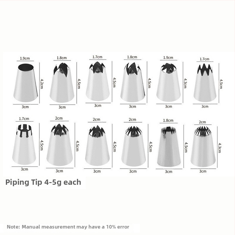Set de duze de decorare din oțel inoxidabil, 14 piese, cu pungă de decorare și convertor, vârfuri cu formă neregulată pentru deserturi