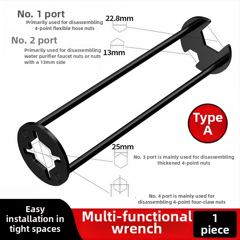 Višenamjenski ključ za sudoper — Pet u jedan za instalaciju i popravak slavine u kupaonici — čelik, premaz sprejem