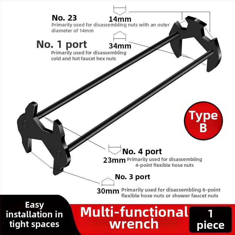 Višenamjenski ključ za sudoper — Pet u jedan za instalaciju i popravak slavine u kupaonici — čelik, premaz sprejem