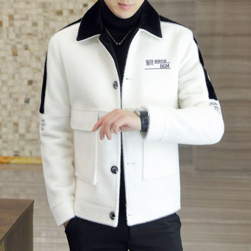 Palton bărbați în stil coreean, croială Slim-Fit, lungime scurtă, guler turn-down, închidere cu nasturi, țesătură principală Rabbit Hair, Modal