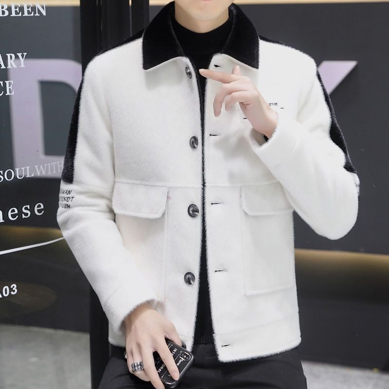 Palton bărbați în stil coreean, croială Slim-Fit, lungime scurtă, guler turn-down, închidere cu nasturi, țesătură principală Rabbit Hair, Modal