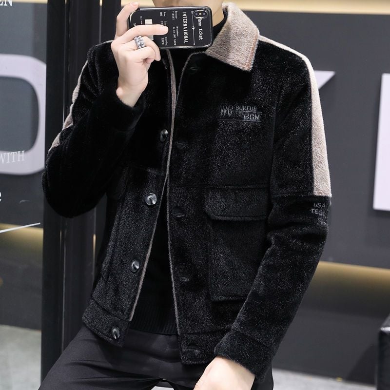 Palton bărbați în stil coreean, croială Slim-Fit, lungime scurtă, guler turn-down, închidere cu nasturi, țesătură principală Rabbit Hair, Modal