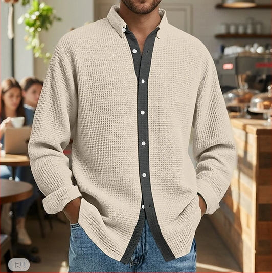 2025 muški topli cardigan s fleeceom, color-block i waffle uzorak, dugi rukavi
