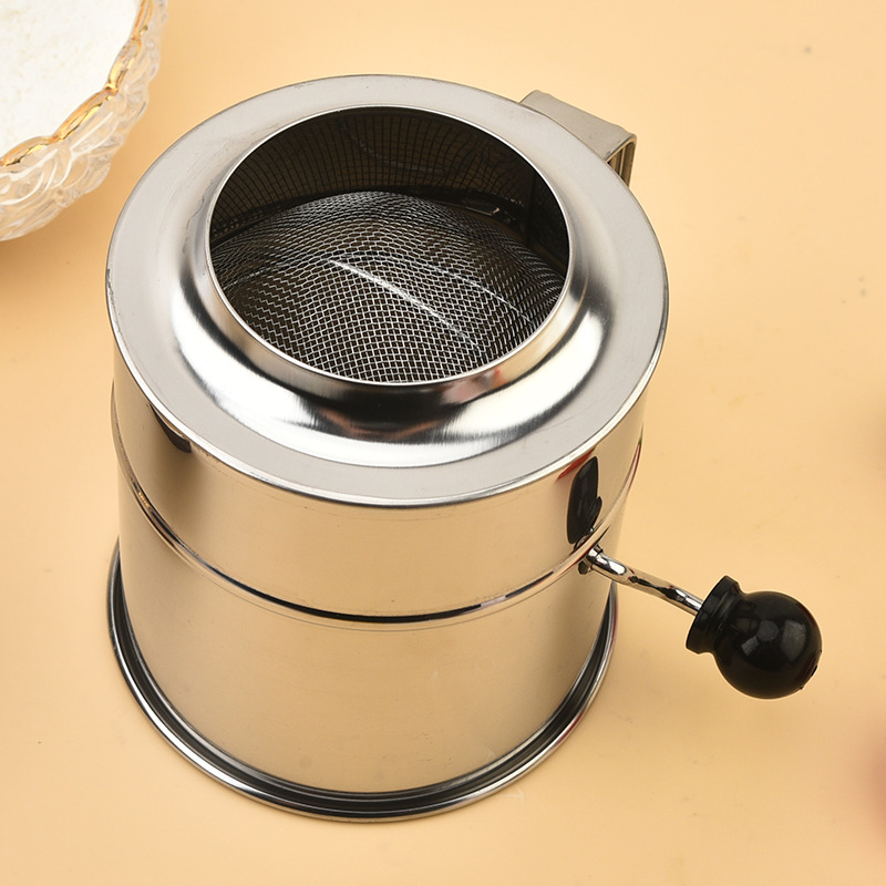 Sită de făină din oțel inoxidabil, cu manivelă, gură plată, pentru bucătărie și coacere.