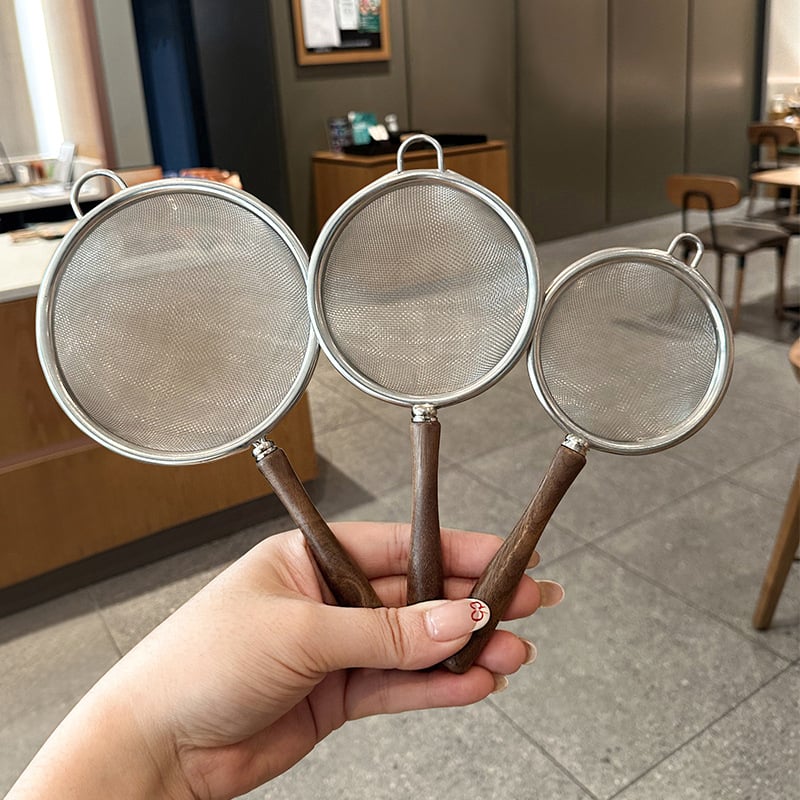 Sită pentru făină din oțel inoxidabil 304, mâner din lemn de nuc – plasă fină, antiderapant, filtru pentru lapte de soia în bucătărie