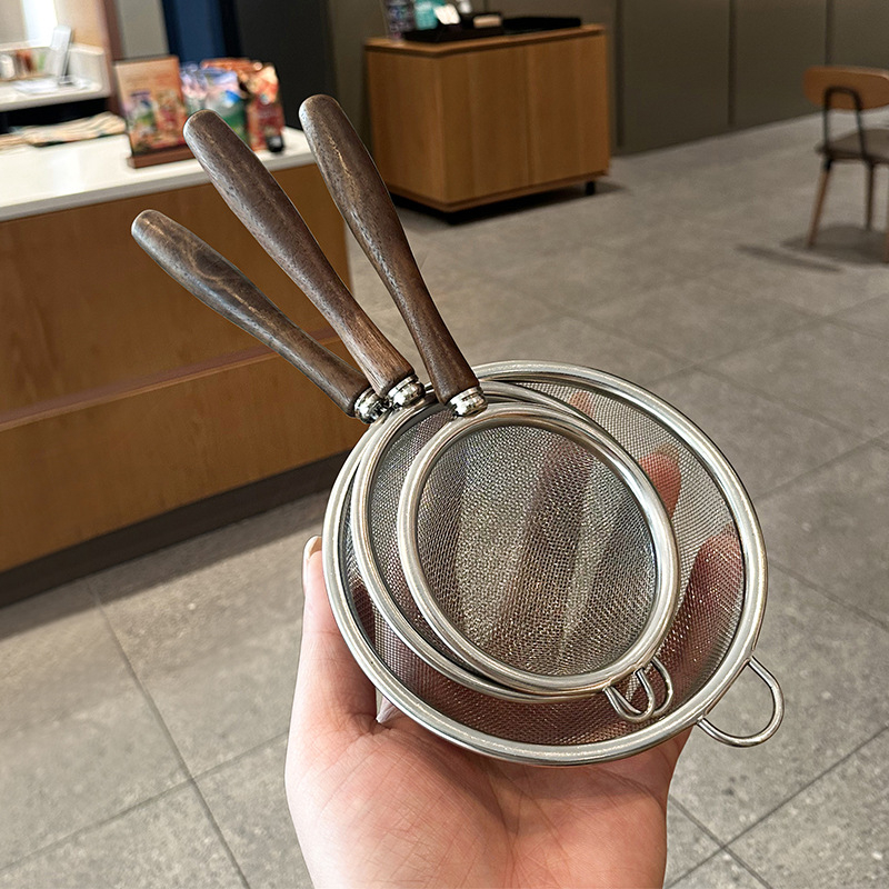 Sită pentru făină din oțel inoxidabil 304, mâner din lemn de nuc – plasă fină, antiderapant, filtru pentru lapte de soia în bucătărie