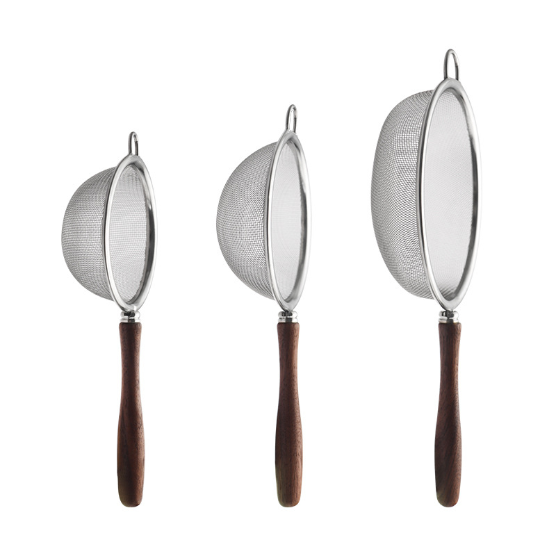 Sită pentru făină din oțel inoxidabil 304, mâner din lemn de nuc – plasă fină, antiderapant, filtru pentru lapte de soia în bucătărie